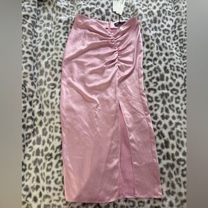 Zara Pink Ruched Side-Slit Midi Skirt